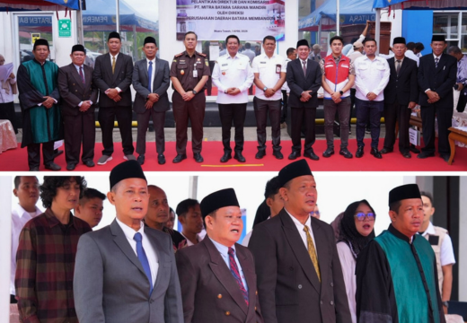 Wakil Bupati Barito Utara, Felix Sonadie Y. Tingan, bersama jajaran direksi dan komisaris baru PT Mitra Batara Sarana Mandiri serta pejabat lainnya, berfoto bersama setelah acara pelantikan di Muara Teweh pada Rabu, 1 April 2026.