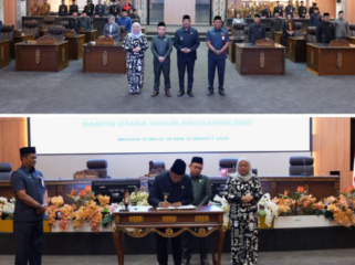 Wakil Bupati Felix Sonadie Y. Tingan, Asisten II, Wakil Ketua I DPRD Barito Utara, H. Benny Siswanto, didampingi Wakil Ketua II DPRD, Hj. Henny Rosgiaty Rusli, melakukan penandatanganan kesepakatan bersama terkait Laporan Keterangan Pertanggungjawaban (LKPJ) Bupati Tahun Anggaran 2025 pada Rapat Paripurna DPRD, Senin (30/03/2026) di Gedung DPRD