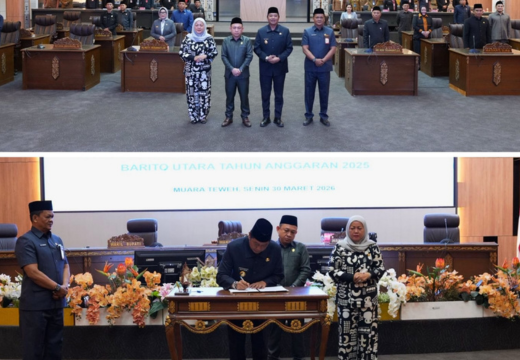 Wakil Bupati Felix Sonadie Y. Tingan, Asisten II, Wakil Ketua I DPRD Barito Utara, H. Benny Siswanto, didampingi Wakil Ketua II DPRD, Hj. Henny Rosgiaty Rusli, melakukan penandatanganan kesepakatan bersama terkait Laporan Keterangan Pertanggungjawaban (LKPJ) Bupati Tahun Anggaran 2025 pada Rapat Paripurna DPRD, Senin (30/03/2026) di Gedung DPRD