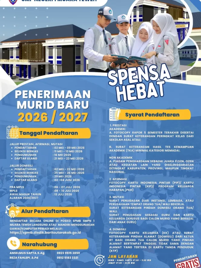 
					SMPN 1 Muara Teweh Buka PPDB Tahun Ajaran 2026/2027, Pendaftaran Gratis dan Bisa Dilakukan Online